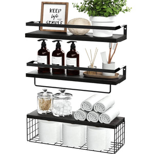 Floating Shelves with Storage Basket, Over Toilet Paper Holder Storage Shelves, Wall Mounted Rustic Wood Shelves for Bathroom, Bedroom, Living Room,